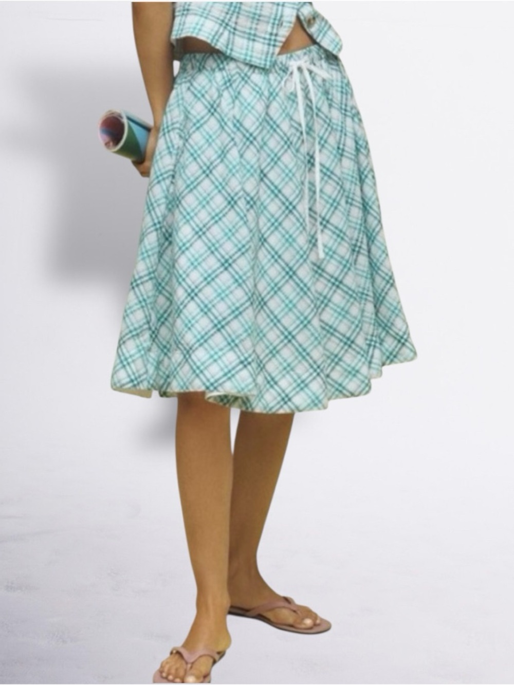 Anthropologie Maeve Drawstring A-Line Cotton Green and White Midi Skirt Medium